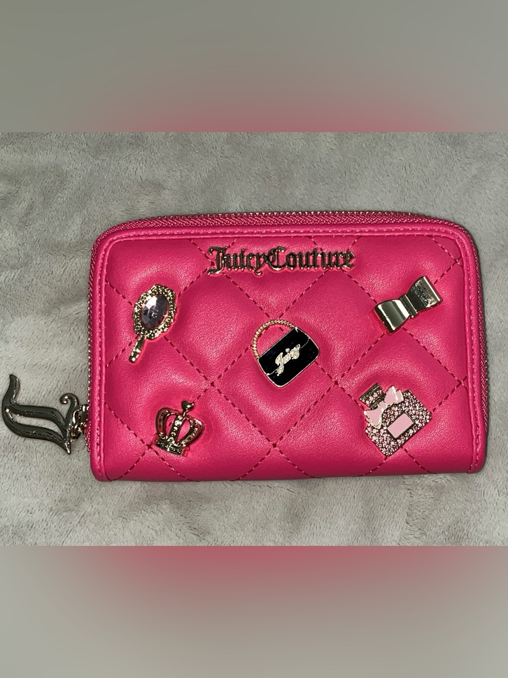 Juicy Couture Bright Pink Quilted Zip Card Holder with Gold Accents